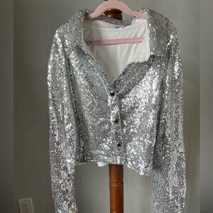 SHEIN Silver Sequin Button Down Shirt